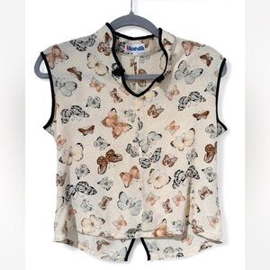 Khaosilk Butterfly Print Cap Sleeve Blouse - Cream & Peach